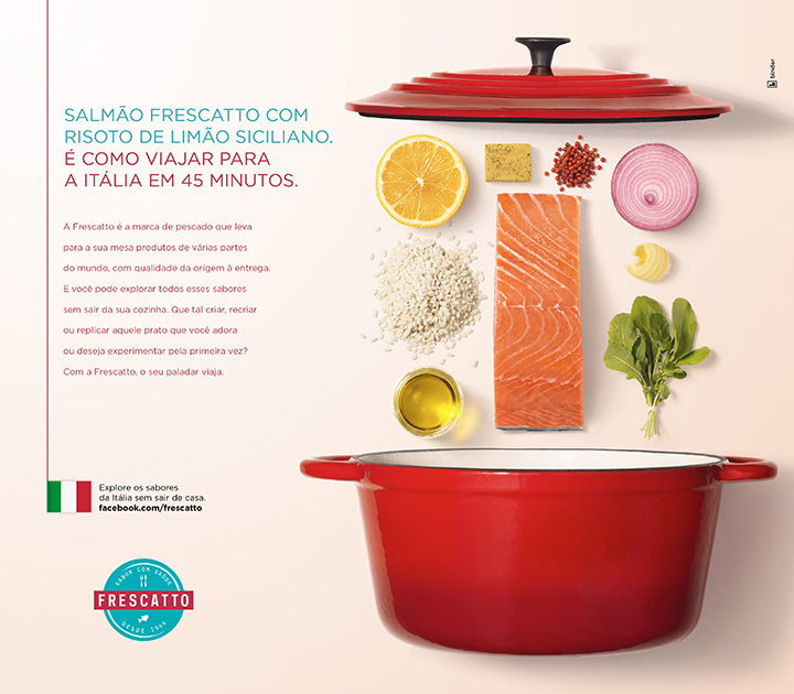 Anúncio da Binder para a Frescatto, que chama o consumo do salmão dentro da culinária italiana. No alto da matéria, um corte do anúncio que remete à culinária japonesa.