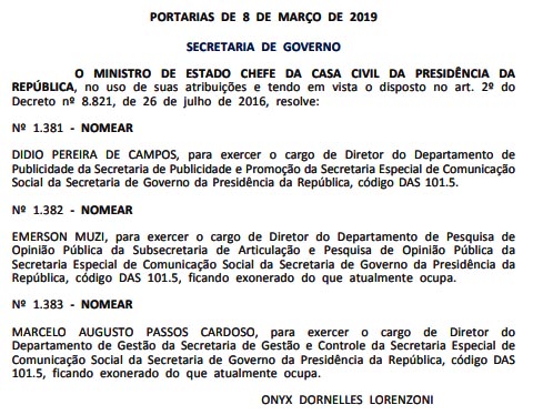 A portaria de nomeação do coronel Didio Pereira da Costa para a diretoria de Pubicidade da Secom, na página 3 do DOU de 11/03/2019.