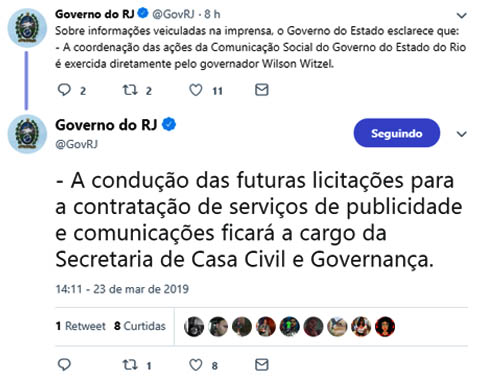O Twitter do Governo do Rio confirmou que a comunicação continuará com a Casa Civil