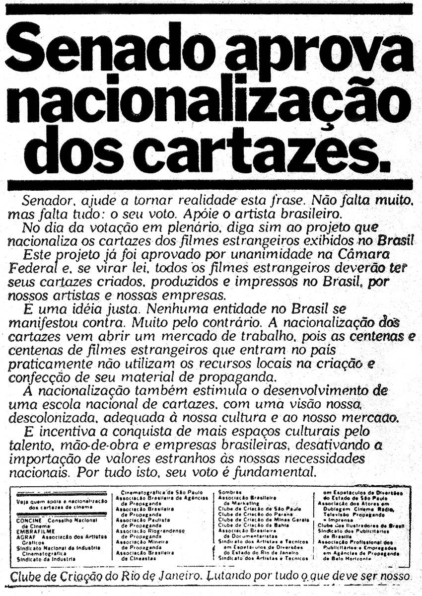 CCRJ - Senado aprova nacionalização dos cartazes