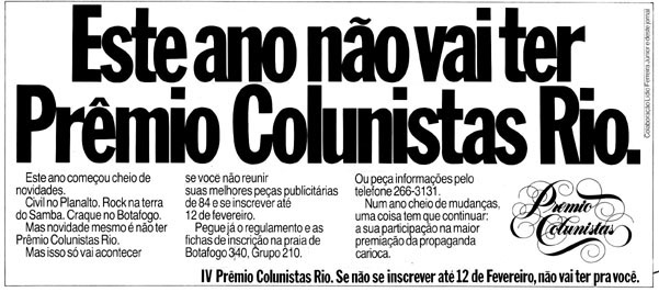 DPZ para Prêmio Colunistas 1984 - Este ano não vai ter Prêmio Colunistas