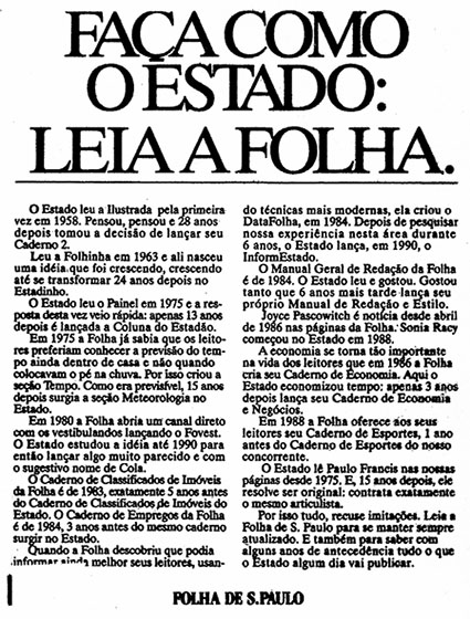 W/Brasil para Folha: Faça como o Estado. Leia a Folha