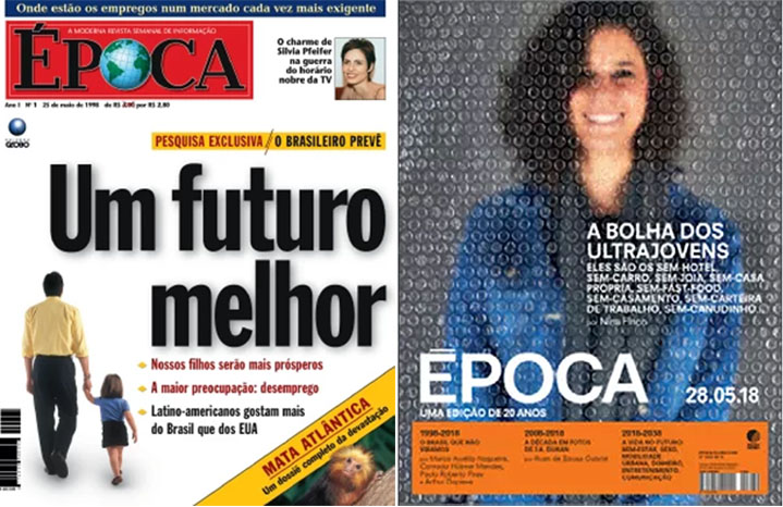 Revista Época, a primeira capa e a de 20 anos.