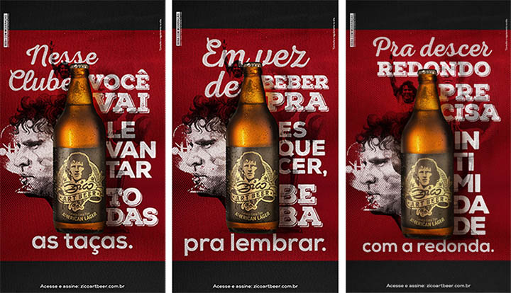 Três dos cartazes da campanha de lançamento da cerveja Zico Art Beer.