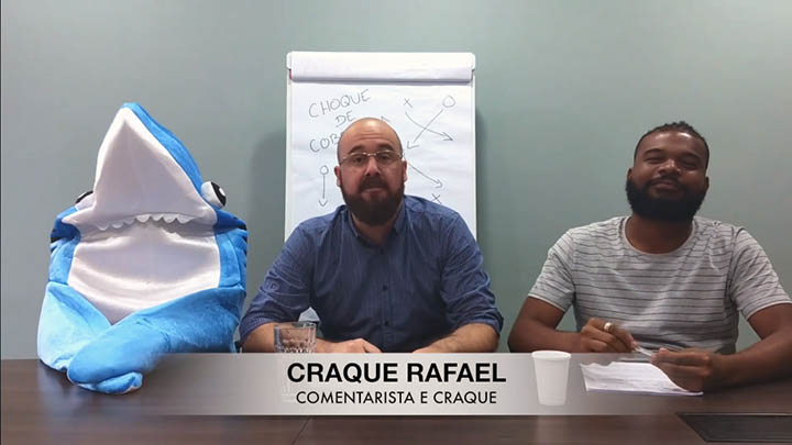 A mesa redonda Choque de Cobertura, com o tubarão Takeda e os comentaristas Craque Rafael e Husa de Caxias.