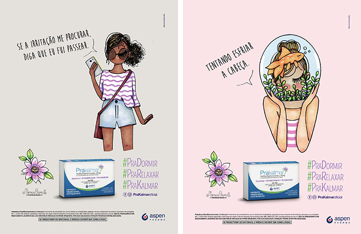 Anúncios da VX para Prakalmar, com ilustrações de Mônica Crema.