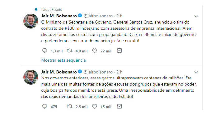 Tweet de Bolsonaro afirma que as verbas da Caixa e do BB foram zeradas.