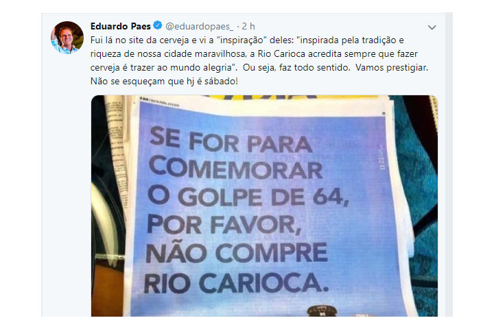 Eduardo Paes retuita anúncio da Onzevinteum para a Rio Carioca