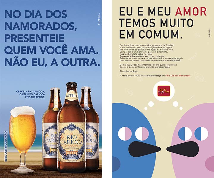 Anúncios para o Dia dos Namorados, da Onzevinteum para seus clientes Rio Carioca e Rádio Tupi