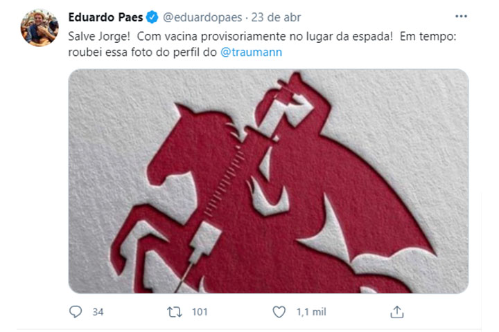 Twitter de Eduardo Paes com a arte de São Jorge, de Jorge Falsfein