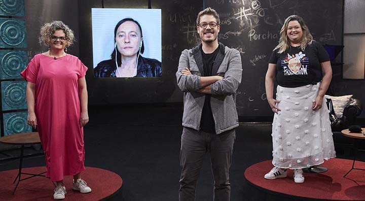 Luisa Bernardes, Aga Porada, Fabio Porchat e Daniela Ferro na ação da Globo para o Dia do Mídia
