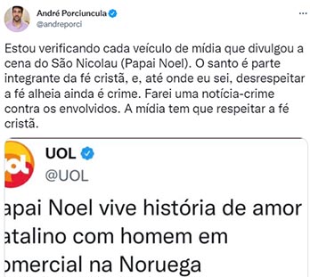 André Porciúncula no Twitter, contra o Papai Noel norueguês
